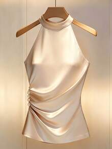 GlowEve CURVE 大码女士优雅缎面真丝吊带衫，纽扣装饰，适合外出、约会、返校等场合 - 香檳色 - 查看 6