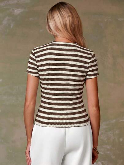 Athîral Women's Striped Short Sleeve Single-Breasted Casual Top, Striped Knit Top Women, Retro Clothes Women, Striped Shirt Women,Summer Top