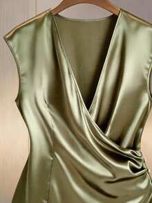 GlowEve CURVE Plus Size Women's Elegant Olive Green Summer Satin Blouse,French Retro V-Neck Sleeveless Waist Pleated Button Decor Basic Top For Dinner,Vacation - Army Green - View 8