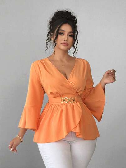 Elenzga Plus Size Women's V-Neck Flared Sleeve Blouse With Metal Button Decor, Elegant Office Wear Shirt For Spring, Summer, Autumn Orange Wrap Top For Women V Neck Blouses For Women Orange Blouses For Women Orange Summer Top Peplum Tops For Women Wrap Tops For Women Women Vacation Outfit Sets Women's Tops And Blouses