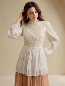 Anewsta Women's Contrast Color Faux Pearl Decor Stand Collar Long Sleeve Ruffle Hem Elegant Mid-Length Dress - Brown - View 5