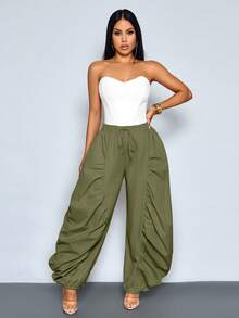 Women's Fashionable Solid-Color Loose Casual Pants, With Pleated Design, Large Pockets, Elastic Waist, Wide-Leg Fit, Suitable For Daily Wear As Solid-Colored Pants - Green - View 4