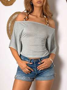EgrlEra Women's Off Shoulder Asymmetrical Sleeve Halter Fashion T-Shirt - Silver - View 4