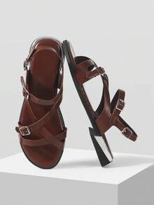 Mnmlis Dép nữ thời trang thường ngày, kiểu dáng công sở, đi nghỉ mát, hở mũi, đế thấp, kiểu đan chéo, thoáng mát. - màu nâu - Xem 5