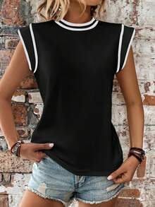 EMERY ROSE Women's Color-Blocked Simple Round Neck T-Shirt For Daily Wear Graphic Tees Women Tops - Black and White - View 3