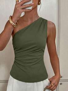Blusa Casual Asimetrica con Hombro Descubierto Abertura Lateral y Plisado - Verde militar - Ver 2