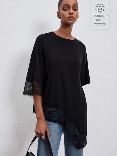 ATUI Studio Women's Black Asymmetric Hem T-Shirt - Loose Fit Flattering Short Sleeve Top, Versatile Tencel Wool Blend Tee For Daily Commute & Vacation