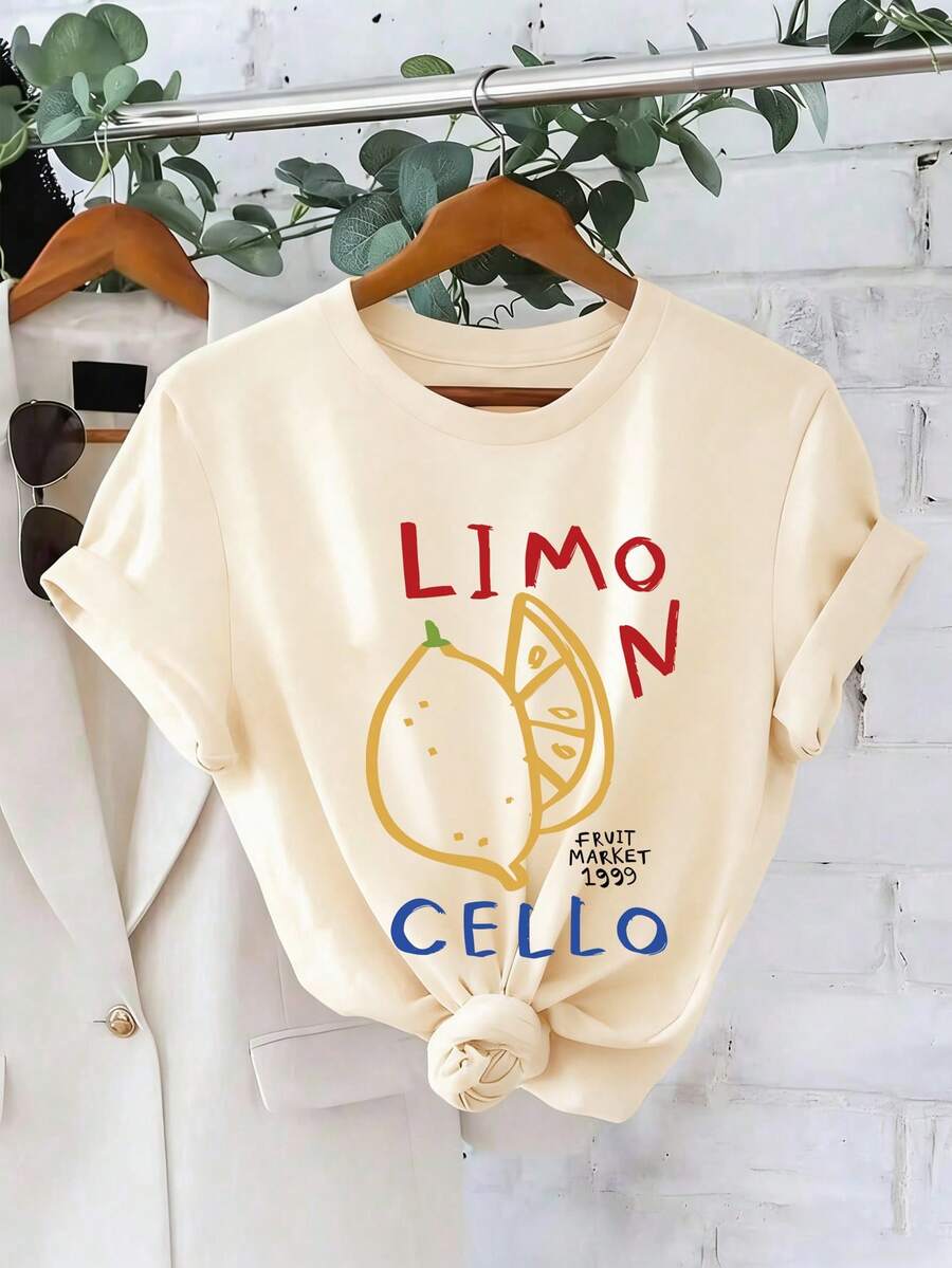EMERY ROSE Áo thun nữ mùa hè mới in chữ LIMON hình quả chanh, kiểu dáng thoải mái, rộng rãi, đa năng, cổ tròn, tay ngắn, thời trang mặc hàng ngày. - Màu be - Xem 1