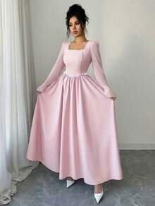 SHEIN Elenzya 女士粉色新款方领珍珠装饰A字腰部喇叭袖甜美浪漫优雅约会派对正式长裙 - 粉色 - 查看 6