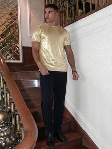 AKNOTIC Men's Fashionable Metallic Short Sleeve T-Shirt, Summer - Gold - View 3