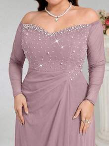 Coutiva Plus Size Women Off-Shoulder Faux Pearl Decor Ruched Waist Elegant Formal Evening Dress - Dusty Pink - View 7
