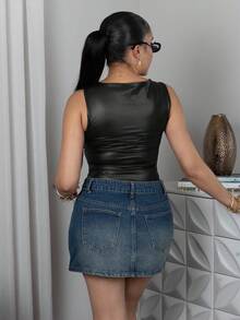 Melissa Matos 女士夏季纯色 PU 皮革褶皱修身背心 - 黑色 - 查看 2