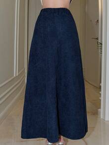 Bris Aura Women's Solid Color Long Elegant Commuting A-Line Skirt With Pockets - Navy Blue - View 2