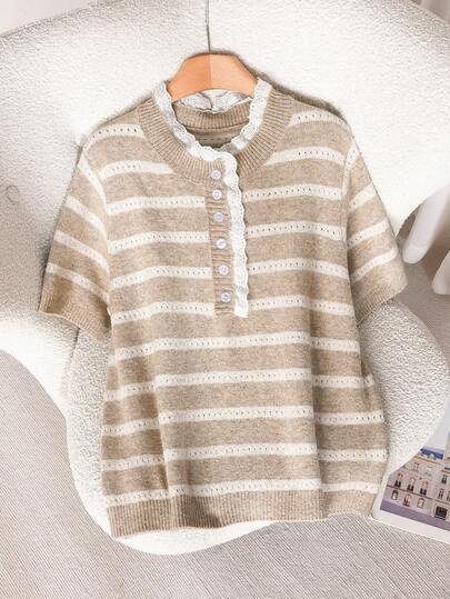 CosyJoli Blusa de punto holgada con bloques de color, encaje y calados, estilo francés casual, para primavera/verano, tallas grandes