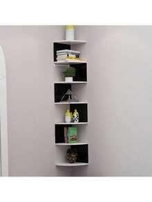 7-Story Suspended Corner Storage Rack - Space Saving Corner Storage Rack, Durable Plastic Structure, Easy To Install Adhesive Installation - Modern Simplicity And Bohemian Style, Suitable For Living Rooms, Bedrooms, Bathrooms, Kitchens - Perfect Storage Rack For Books, Decorations, Plants - Very Suitable For Small Apartments And Home Offices, Multifunctional Storage Rack With Adhesive Installation - Black and White - View 6