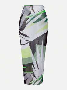 Swim Oasis Dark Green Summer Elegant Beach Holiday Women's Waist Gathered One-Piece Swimwear&Printed Cover-Up Dress Set, Casual Music Festival Party Outfits - Army Green - View 5