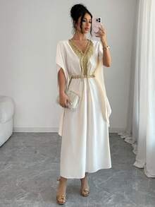 SHEIN Elenzya Women's Retro Elegant Floral Applique Round Neck Summer Dress - Apricot - View 4