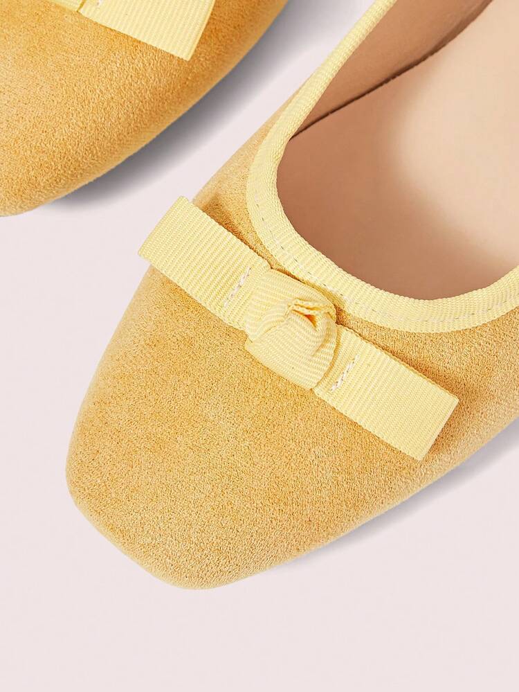 CUCCOO DOLLMOD Ladies Yellow Suede Square Toe Bow Low Vamp Flat Sole Shoes, Daily Versatile Cute Women's Shoes