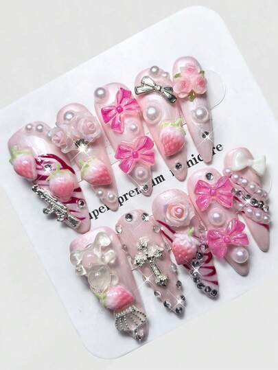 ROMWE Grunge Punk 10 Cute Style Strawberry Rose Bow Bear Crown Elements Hand-Painted High-Quality Fake Nail Pieces + 3 Double-Sided Tape, Removable And Reusable Pink Solid Color Diamond Sticker Diamond Hand-Painted Long Almond-Shaped Wearing Armor, Suitable For Holiday Parties, Dances And Daily Wear.