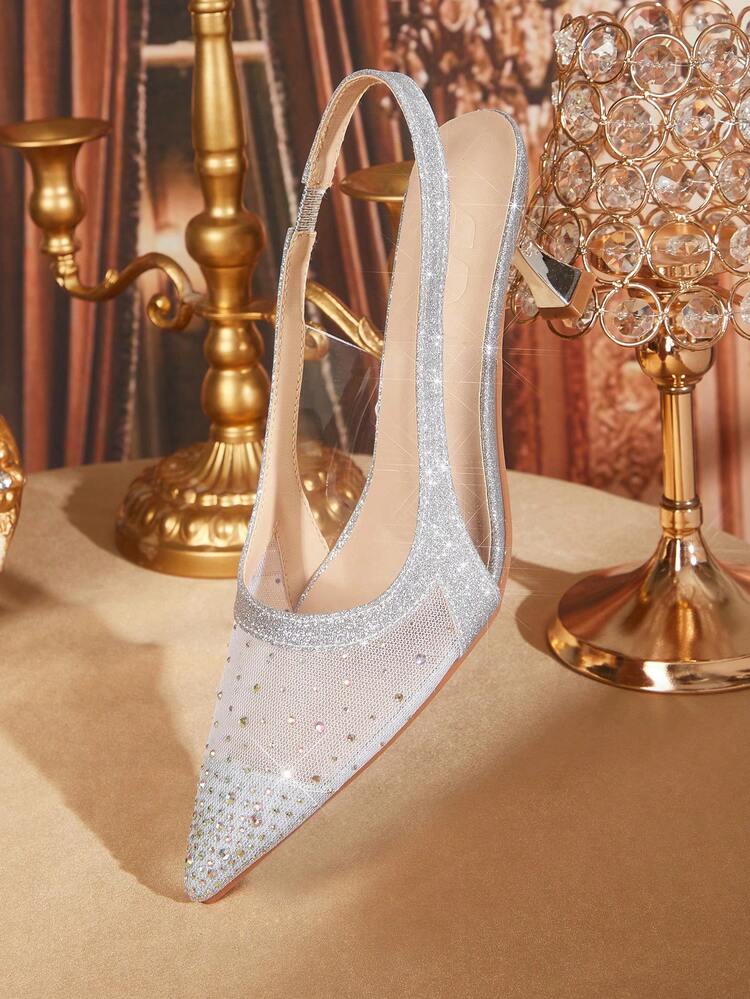 CUCCOO TILAWA Women Shoes Women's Fashion Pointed Silver Rhinestone Mesh Splicing Fashion Party Dinner Gorgeous Sexy Kitten Heel Women's High Heel Shoes Slingback Shoes