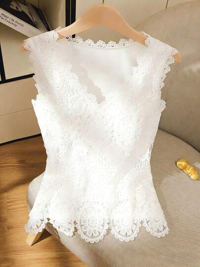 GlowEve Camiseta sin mangas de mujer con cuello en V de encaje a ganchillo, diseño elegante y estilizador, adecuado para vacaciones, playa, boda, cumpleaños, fiesta