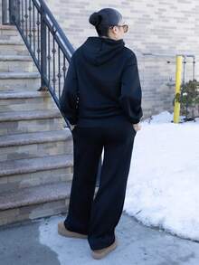 Melissa Matos 女式黑色休闲宽松连帽衫和运动裤两件套，保暖内衬，秋冬 - 黑色 - 查看 2