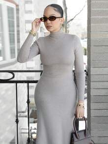 Melissa Matos Women's Solid Color Stand Collar Long Sleeve Side Slit Hem Knitted Dress, Autumn/Winter,Fall,Fall Clothes For Women,Winter Clothes For Women - Camel - View 3