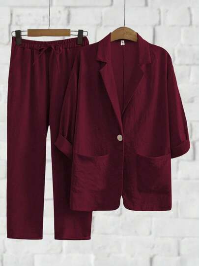 Franclia Linen-Like Casual Solid Color Jacket And Pants Suit