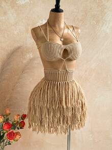 Soleia New Vacation Knit Halter Tie Rope Multi-Layer Tassel Mini Dress, Suitable For Party, Date, Valentine's Day, Easter, Carnival, Afternoon Tea, Beach Cruise, City Vacation, Autumn/Winter Layering - Khaki - View 6