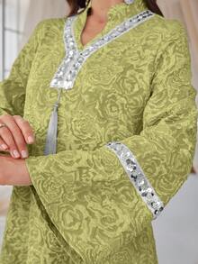Al Najma Sequin Ribbon Tassel Jacquard Weave Dress - Green - View 4