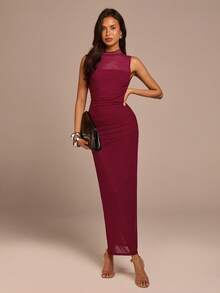 COSMINA 女士优雅交叉褶皱无袖连衣裙，撞色设计，适合办公室、约会、派对、春季郊游等场合，红色连衣裙，女士正式礼服，晚宴约会礼服，女士梅子色连衣裙，无袖长款连衣裙，褶皱修身连衣裙 - 紅色 - 查看 3