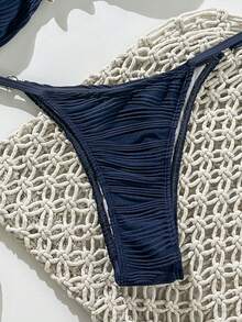 Swim Vcay 女士夏季纯色提花面料抹胸金属装饰丁字裤两件套比基尼套装，沙滩度假 - 藍色 - 查看 4