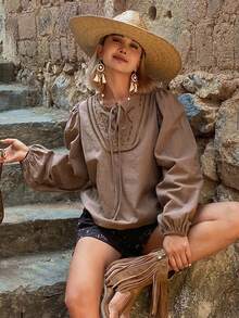 DAZY Embroidered Hollow Lace-Up Loose Long Sleeve Pullover Elegant Summer Blouse For Women - Brown - View 7