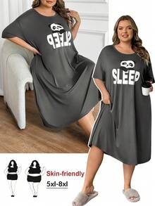 SHEIN CURVE+ 加大码舒适熊猫印花圆领休闲睡裙，夏季 - 灰色 - 查看 12