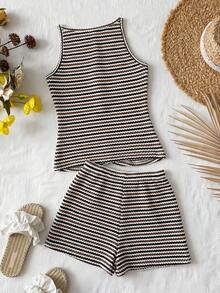 Travachic KIDS Bộ đồ đi nghỉ mát thường ngày cho bé gái tuổi teen: áo hai dây dệt kim kẻ sọc và quần short cạp chun. - màu nâu - Xem 2