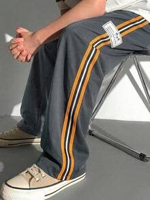 Kids/Tween Boys' Back-To-School Casual Straight Loose Pants,Comfortable Orange Webbing Letter Label Woven Streetwear,Summer School Daily Sports Pants - Grey - View 5