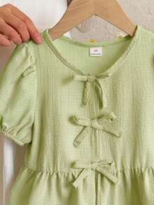 SHEIN LMoss Kids Young Girl Casual Solid Color Crew Neck Short Sleeve Pullover Top, Girl - Lime Green - View 3