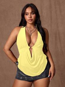 Rustia Plus Size Women Sexy Backless Halter Neck Camisole - Light Yellow - View 4