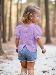 Emery Rose Kids Emery Rose Kids 女嬰休閒簡約舒適圓領泡泡袖鏤空刺繡上衣，適合日常穿著與返校季，女嬰 - 紫色 - 查看 3