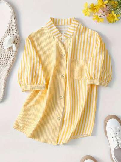 Omancia Camisa de mujer con botones delanteros de manga corta con bolsillo y estampado de raya/lunares, blusas de manga corta de verano