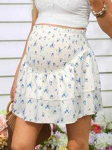 SHEIN Women's French Style Fluffy Floral Waist Cinched Maternity Mini Skirt - Multicolor - View 3