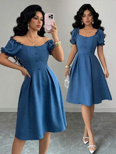 Elenzga Women's Navy Blue Denim Blue Solid Fabric Design Sense High-End Elegant Square Collar Puff Sleeve Waist Flared Dress, Elegant Design Sense High-End Elegant Birthday Gift, Date Party, Valentine's Day, Labor Day, Workplace Outfit, Back To School, Travel Vacation, Street Style, Summer Dress, Summer New Essential Fashion Niche Design Versatile Women's Elegant Dress