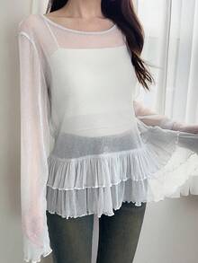 FRIFUL 女士夏季纯色圆领长袖荷叶边下摆薄纱衬衫 - 白色 - 查看 4