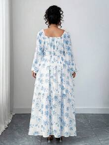 Elenzga Vestido elegante de manga farol con volantes en el bajo y estampado floral para mujer de talla grande - Azul - Ver 2