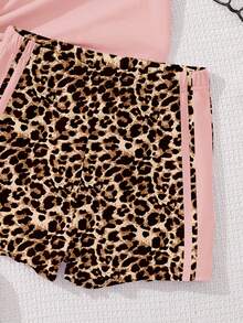 Cream Pink Retro American Leopard Print Bow Striped Pattern Summer Outfit, Teen Girl Casual Loose Round Neck Short Sleeve T-Shirt And Shorts 2-Piece Set, Suitable For Spring/Summer, Outdoor Picnic, Outing, Street Style, Home, Campus - Multicolor - View 5