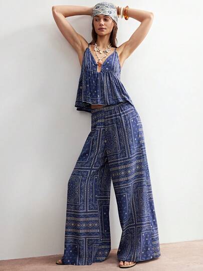 Bohemela Set de 2 piese pentru femei, model boho, casual, cu imprimeu paisley, camisol și pantaloni largi