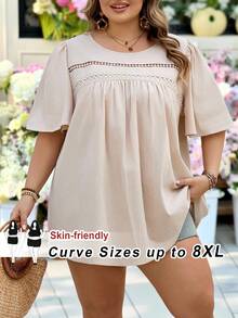 SHEIN CURVE+ Curve 尺码 US22 音乐节、海滨度假、波西米亚蕾丝拼接休闲短袖衬衫，适合波西米亚音乐节 - 杏色 - 查看 12