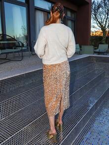 Gretanique 时尚亮片开衩半身裙，适合新年女士穿着 - 卡其色 - 查看 2