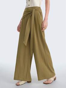 Aalyst Women's Elegant Lightweight Luxury Casual Bohemian Vacation/Work Commute Trousers, French Style Minimalist Design With Waist Tie, Pleated Waistband, Pockets, Wide Leg, Solid Color, Spring/Summer - Army Green - View 5