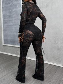 Glyssa 2pcs Women's Sexy Hollow Out Criss-Cross Tie Crop Top And Flare Leg Pants Set - Black - View 2